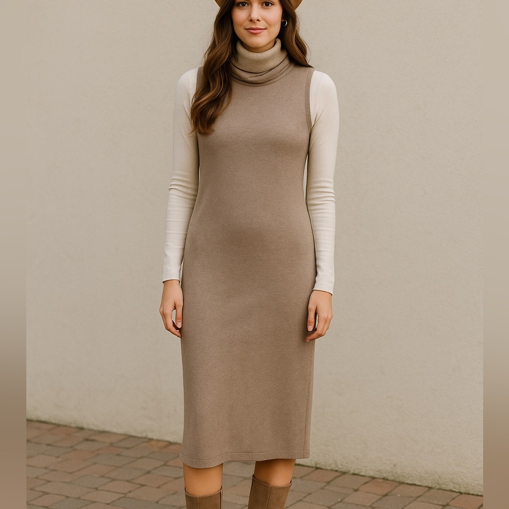 Sleeveless Turtleneck Midi Dress in Taupe Beige